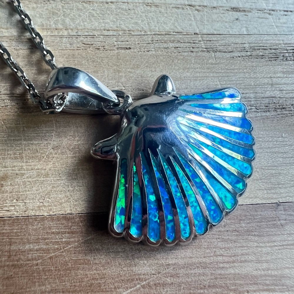 Mosaic Opal Scallop Seashell Sterling silver pendant necklace
